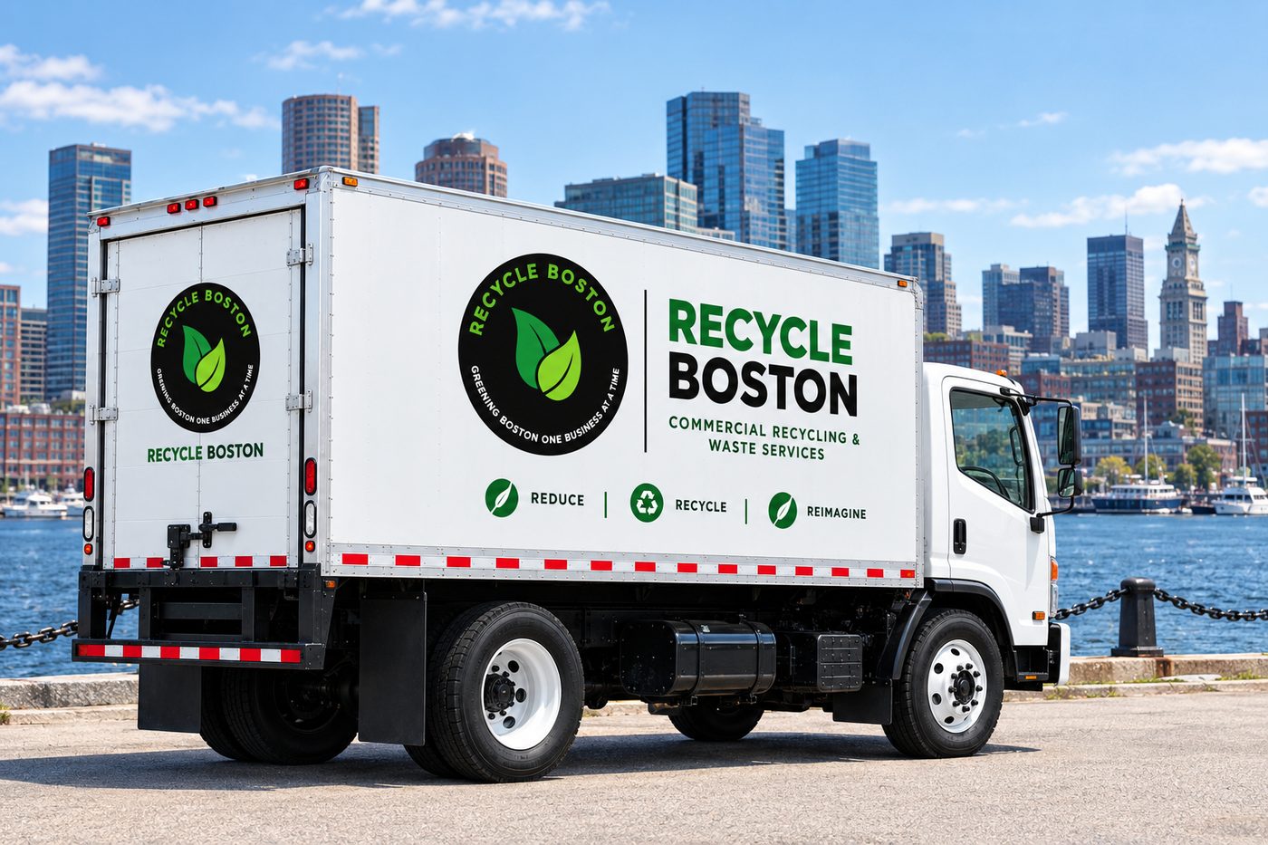 Recycle Boston truck parked along the Boston waterfront with the city skyline behind it